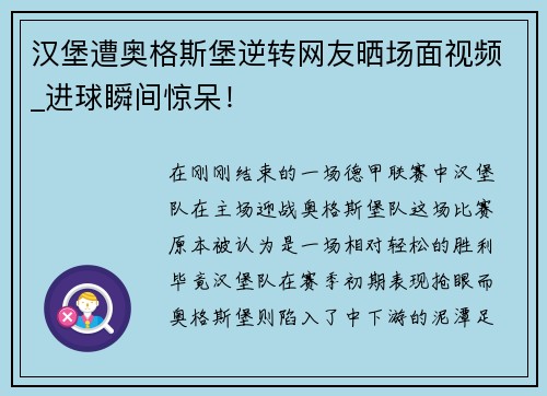 汉堡遭奥格斯堡逆转网友晒场面视频_进球瞬间惊呆！